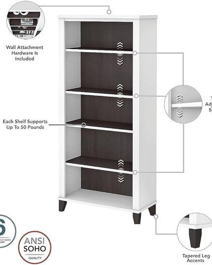 Bush Furniture Somerset 5-Shelf 65-inch H Bookcase, Storm Gray/White (WC81065) - LeafyLoom