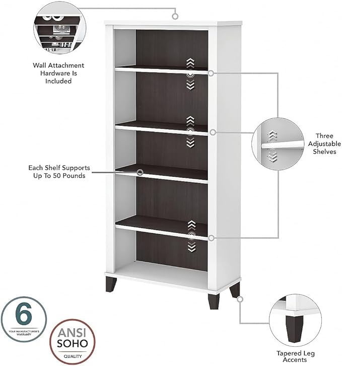 Bush Furniture Somerset 5-Shelf 65-inch H Bookcase, Storm Gray/White (WC81065) - LeafyLoom