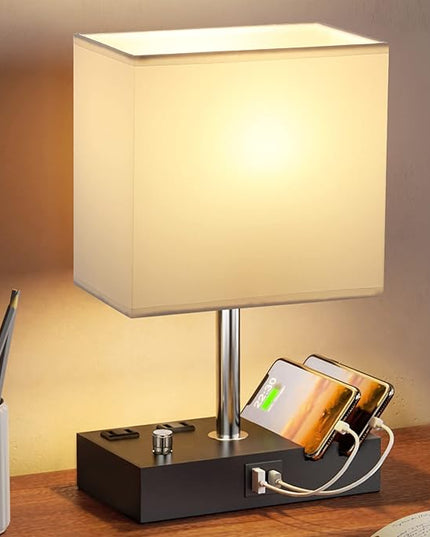 Kakanuo Table Lamp for Bedroom with Dual USB Ports, White Fully Dimmable Bedside Lamp with Phone Stands and 2 Charging Outlets, Desk Lamp for Nightstand and Living Room, LED Bulb Included - LeafyLoom