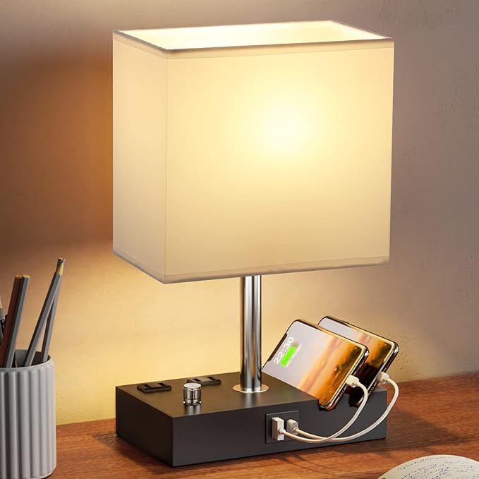 Kakanuo Table Lamp for Bedroom with Dual USB Ports, White Fully Dimmable Bedside Lamp with Phone Stands and 2 Charging Outlets, Desk Lamp for Nightstand and Living Room, LED Bulb Included - LeafyLoom