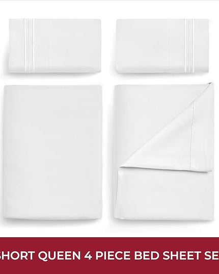 Mellanni RV Short Queen Sheets - 4 PC Iconic Collection Bedding Sheets & Pillowcases - Hotel Luxury, Extra Soft, Cooling Bed Sheets - Deep Pocket up to 10 inch (RV/Short Queen, White) - LeafyLoom