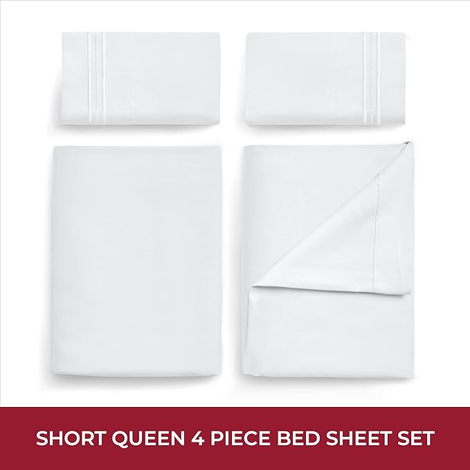 Mellanni RV Short Queen Sheets - 4 PC Iconic Collection Bedding Sheets & Pillowcases - Hotel Luxury, Extra Soft, Cooling Bed Sheets - Deep Pocket up to 10 inch (RV/Short Queen, White) - LeafyLoom