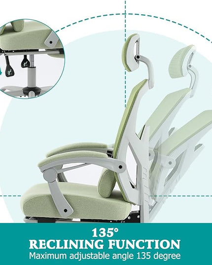 edx Ergonomic Office Chair, Reclining High Back Mesh Computer Desk Swivel Rolling Home Task Chair with Lumbar Support Pillow, Adjustable Headrest, Retractable Footrest and Padded Armrests, Green - LeafyLoom