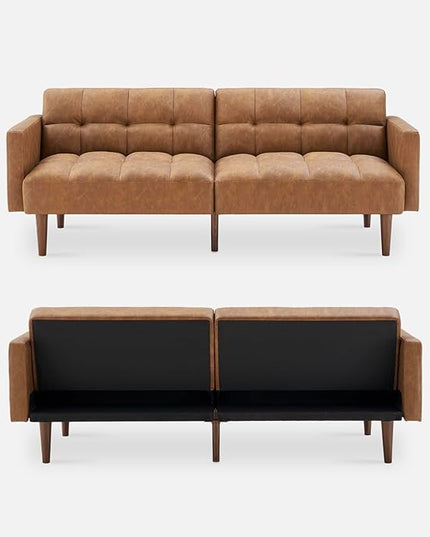 mopio Aaron Couch, Small Sofa, Futon, Sofa Bed, Sleeper Sofa, Loveseat, Mid Century Modern Futon Couch, Sofa Cama, Couches for Living Room, Bedroom (Pecan Brown, Faux Leather) - LeafyLoom