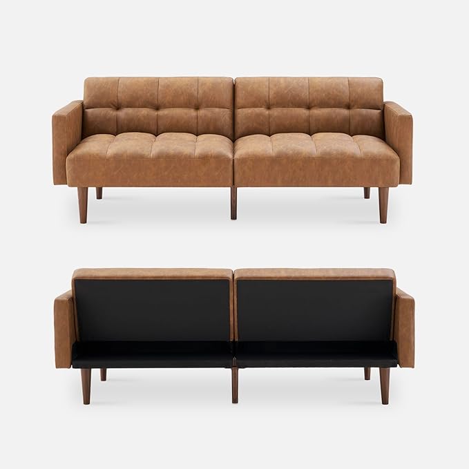mopio Aaron Couch, Small Sofa, Futon, Sofa Bed, Sleeper Sofa, Loveseat, Mid Century Modern Futon Couch, Sofa Cama, Couches for Living Room, Bedroom (Pecan Brown, Faux Leather) - LeafyLoom