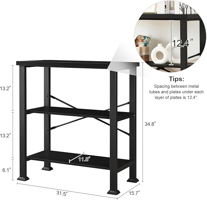HOMBAZAAR Bookshelf, 3-Tier Vintage Industrial Book Shelf, Rustic Wood and Metal Bookcase and Bookshelves, Free Standing Storage Small Bookshelf for Living Room, Bedroom and Kitchen, Black - LeafyLoom