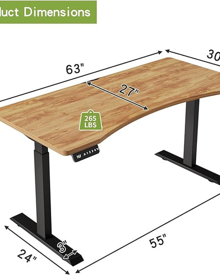 Radlove Dual Motors Height Adjustable 63 x 30 Electric Standing Desk with Curved Design Stand Up Table 4 Memory Keys, Computer Desk with Splice Board Home Office Desk, Light Brown Top + Black Frame - LeafyLoom