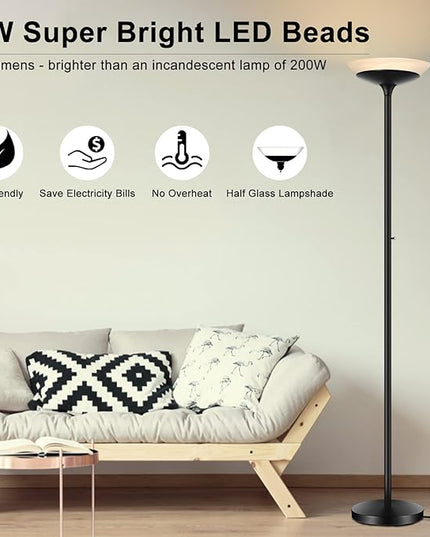 BoostArea Torchiere Floor Lamp, 24W Super Bright LED Standing Lamp, Stepless Dimmable Pole Lamp with 3000K Lighting, Rotary Switch, 70 Inch Tall Metal Modern Floor lamps for Living Room/Bedroom Black - LeafyLoom