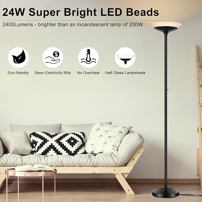 BoostArea Torchiere Floor Lamp, 24W Super Bright LED Standing Lamp, Stepless Dimmable Pole Lamp with 3000K Lighting, Rotary Switch, 70 Inch Tall Metal Modern Floor lamps for Living Room/Bedroom Black - LeafyLoom