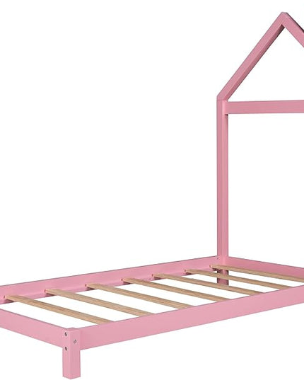 Jintop Twin Size Wood Platform Chimney and House-Shaped Headboard,Bedroom Furniture Bed Frame W/ 10 Slat Support,Easy to Install,for Teens Kids Girls Boys,Pink - LeafyLoom