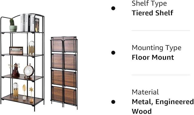 No Assembly Folding Bookshelf, 4 Tier Black Bookshelf, Metal Book Shelf for Storage, Folding Bookcase for Office Organization and Storage, 12.6" D x 22.44" W x 55.51" H - LeafyLoom