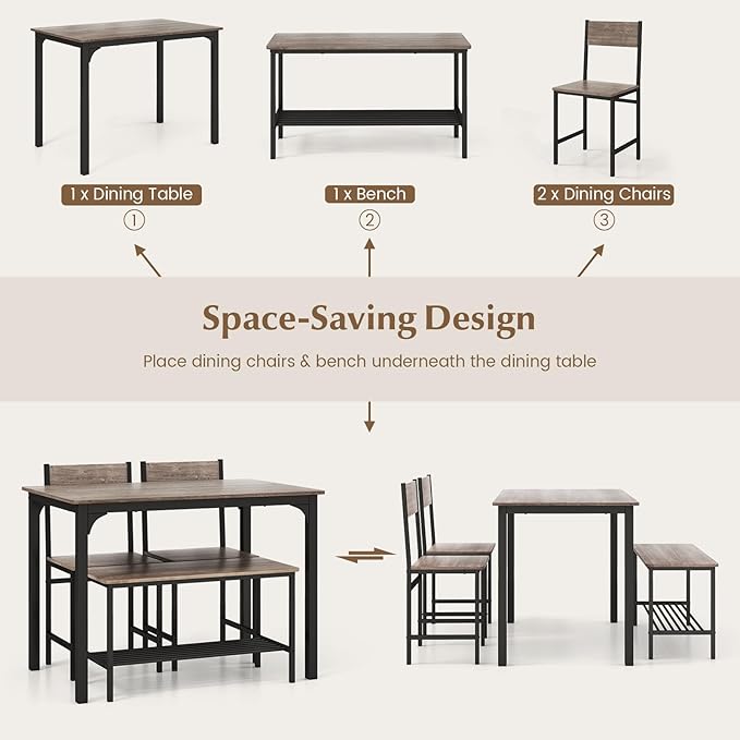 Moccha Dining Table Set for 4, Wooden Kitchen Table with with 2 Chairs and a Long Bench, Modern 4-Piece Dinette with Metal Frame & Storage Rack, Space-Saving Table Set for Dining Room, Black Oak - LeafyLoom