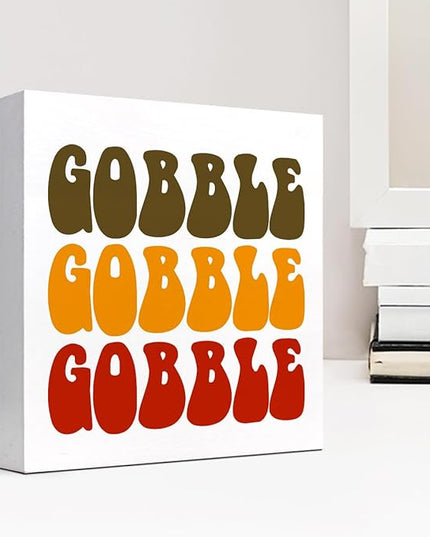 Autumn Desk Decor,Groovy Gobble Gobble Fall Thanksgiving Wood Block Sign Desk Decor,Rustic Autumn Seasonal Wooden Box Plaque Sign Desk Decor for Home Shelf Table Decorations - LeafyLoom