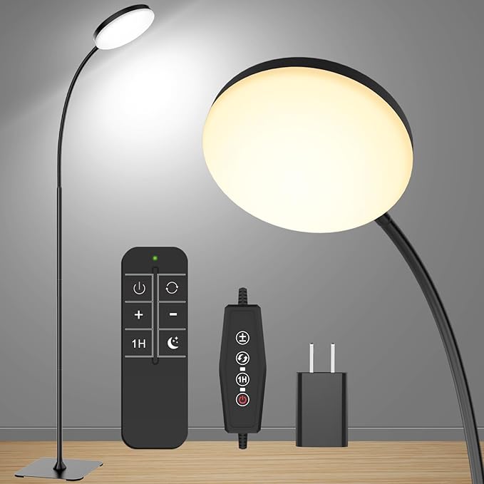 Floor Lamp with Remote, [1H Timer] Lightweight LED Reading Lamp Floor Standing, 3 Color and 10 Brightness Dimmable Gooseneck Light for Woking Studying Sewing Drawing Crafting Drafting Makeup - LeafyLoom