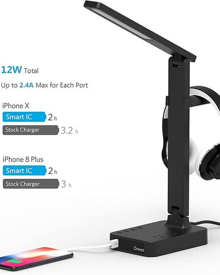 Drevet LED Desk Lamp with Headphone Stand, Desk Light with 1 USB Charging Port and 2 AC Power Outlet, 3 Lighting Modes, 3 Level Brightness,1H Timer, Memory Function, Eye-Caring Gaming Desk Lamp - LeafyLoom