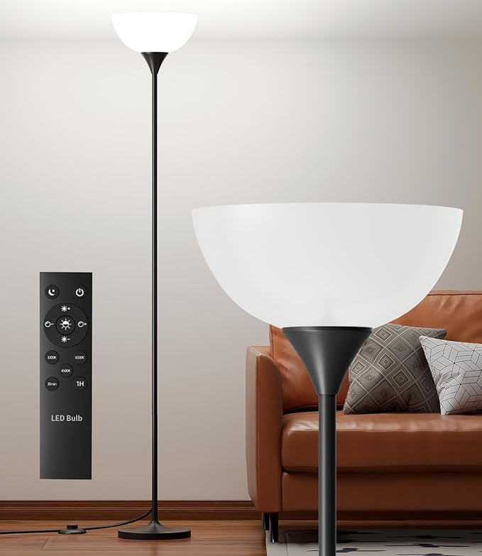 Torchiere Floor Lamp,1200LM Super Bright Dimmable Standing Lamp with Remote and Foot Switch,Custom Color Temperature Tall Lamp for Living Room Bedroom Office,Floor Light with 12W LED Bulb - LeafyLoom