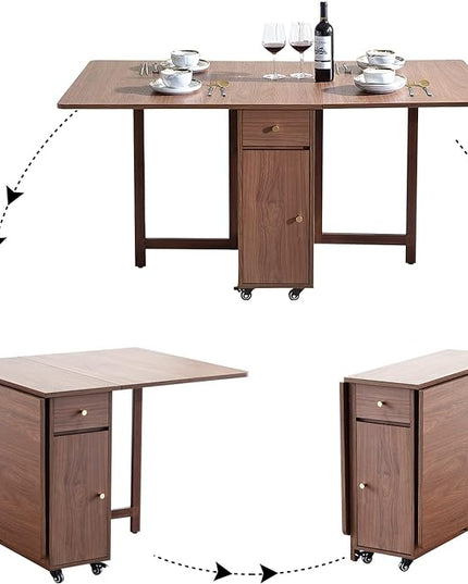Extendable Drop Leaf Foldable Dining Table with 2 Drawers and 4 Wheels for Living Room Kitchen Farmhouse Space Saving Table in Walnut - LeafyLoom