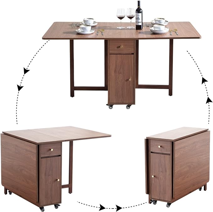 Extendable Drop Leaf Foldable Dining Table with 2 Drawers and 4 Wheels for Living Room Kitchen Farmhouse Space Saving Table in Walnut - LeafyLoom