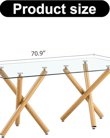 Modern Glass Table with Rectangular Tempered Tabletop,Dinner Desk Set for 6-8 people W, Home,Kitchen,Dining Room,Office,Wood+Clear Finish, 71" Chrome Metal Legs - LeafyLoom