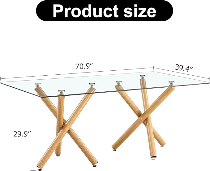 Modern Glass Table with Rectangular Tempered Tabletop,Dinner Desk Set for 6-8 people W, Home,Kitchen,Dining Room,Office,Wood+Clear Finish, 71" Chrome Metal Legs - LeafyLoom