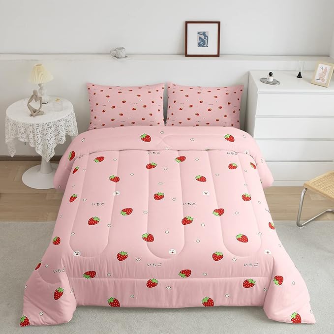 Kawaii Bedding, Pink Strawberry Decor Comforter Set Full, for Women Girls Kids Kawaii Room Decor, Cute Strawberry Duvet Set Reversible Cute Kawaii Strawberry Quilt Duvet Set with 2 Pillowcases - LeafyLoom