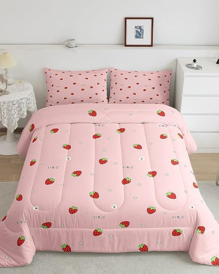 Girls Strawberry Comforter Set Twin Kawaii Strawberry Comforter For Kids Japanese Style Pink Cute Cartoon Fruit Food Theme Bedding Set Girly White Floral Down Comforter Reversible Soft Lightweight - LeafyLoom