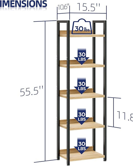 NUMENN Narrow Bookshelf, 5 Tier Bookshelves, Home Office Bookcase Shelf Storage Organizer, Free Standing Storage Shelving Unit for Bedroom, Living Room and Home Office, Natural - LeafyLoom