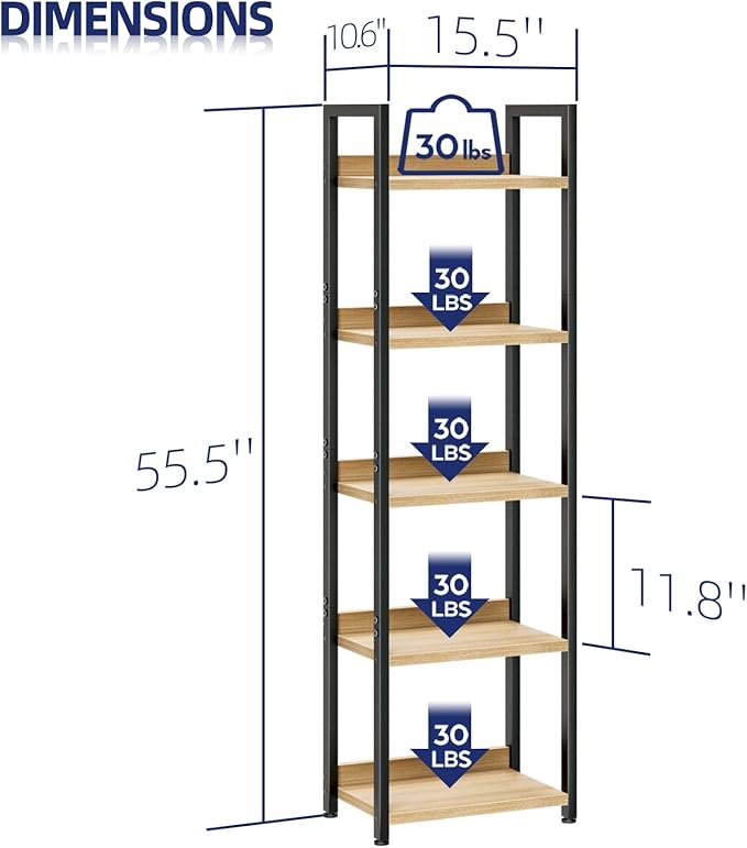 NUMENN Narrow Bookshelf, 5 Tier Bookshelves, Home Office Bookcase Shelf Storage Organizer, Free Standing Storage Shelving Unit for Bedroom, Living Room and Home Office, Natural - LeafyLoom