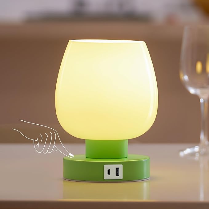 Touch Bedside Table Lamp with USB Charging - 3 Way Dimmable Small Glass Lamp for Bedroom, 2700K LED Bulb Included, Green, 2 Packs - LeafyLoom