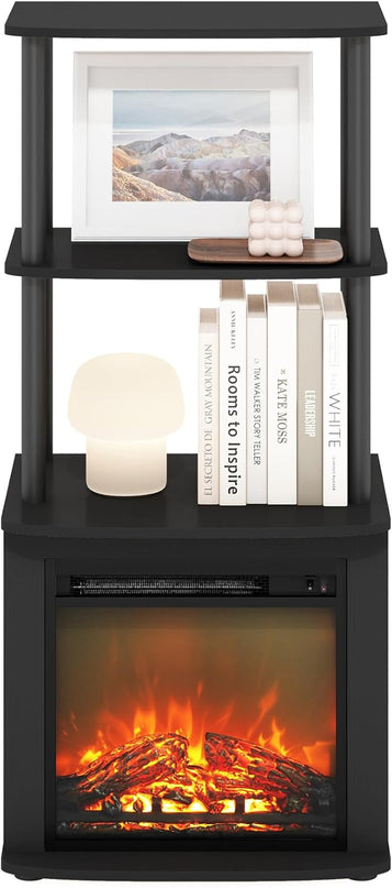 Furinno Turn-N-Tube 2-Tier Tall TV Entertainment Side Table Display Rack with Fireplace Insert, Americano/Black - LeafyLoom