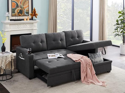 83 Inch Convertible L Shaped Sleeper Sectional Sofa Linen with Storage Chaise, Pull Out Bed, Cup Holder, USB Charging Port, Side Pocket, Reversible Corner Couch Design, 83inch, Black - LeafyLoom