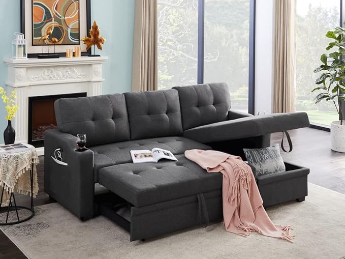 83 Inch Convertible L Shaped Sleeper Sectional Sofa Linen with Storage Chaise, Pull Out Bed, Cup Holder, USB Charging Port, Side Pocket, Reversible Corner Couch Design, 83inch, Black - LeafyLoom