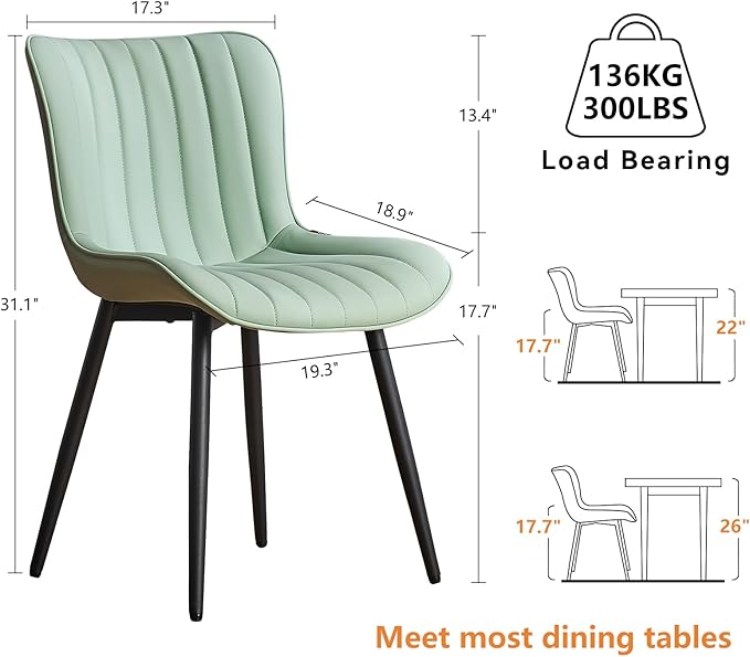 YOUNUOKE Dining Chairs Set of 2 Upholstered Mid Century Modern Kitchen Chair Armless Faux Leather Side Chairs with Padded Back Metal Legs for Living Room Bedrooms Mint Light Sage Green - LeafyLoom