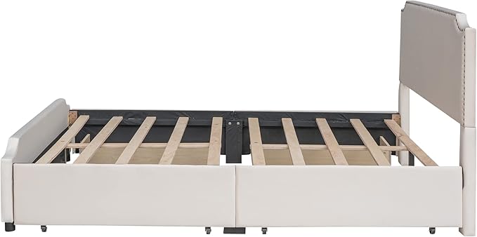 Queen Size Bed Frame with 4 Storage Drawers, Elegant Velvet Upholstered Platform Bed with Stud Trim Headboard and Footboard, Bedroom Furniture, No Box Spring Needed, Beige - LeafyLoom
