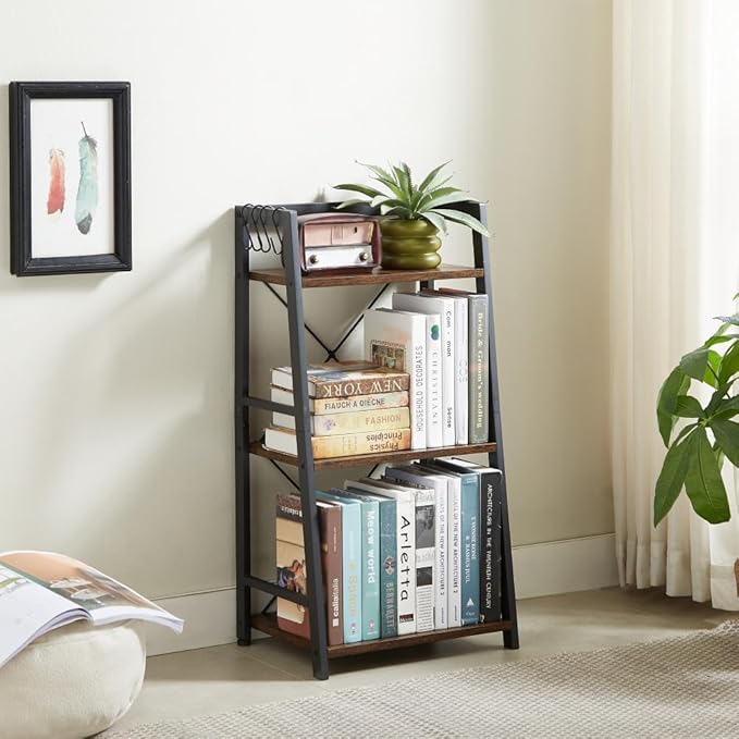 3 Tier Bookshelf, Industrial Bookcase Wood Storage Shelf with Metal Frame for Living Room, Bedroom and Office - LeafyLoom