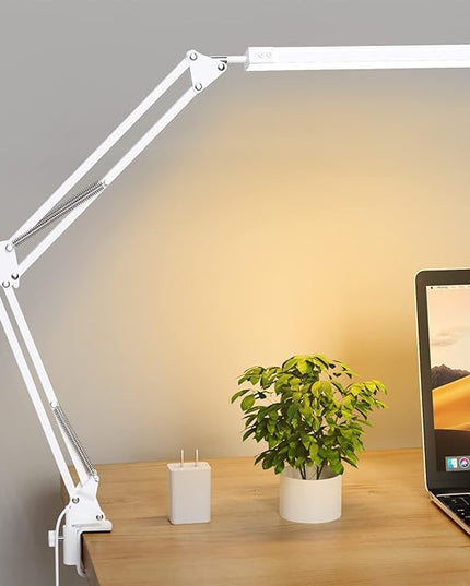 LED Desk Lamp, Swing Arm Desk Light with Clamp, 3 Lighting 10 Brightness Eye-caring Modes, reading desk lamps for home office 360°Spin with USB Adapter & Memory Function white-14W - LeafyLoom