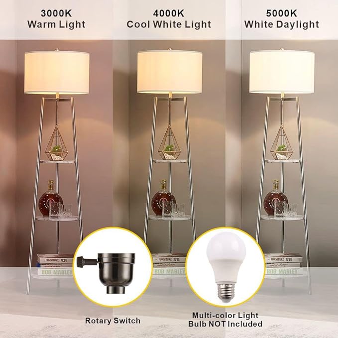 Floor Lamp, Standing Reading Light with Faux Marble Shelves and Fabric Shade, Modern Tall Pole Lamp, Accent Furniture Décor Lighting for Living Room, Bedrooms Silver - LeafyLoom