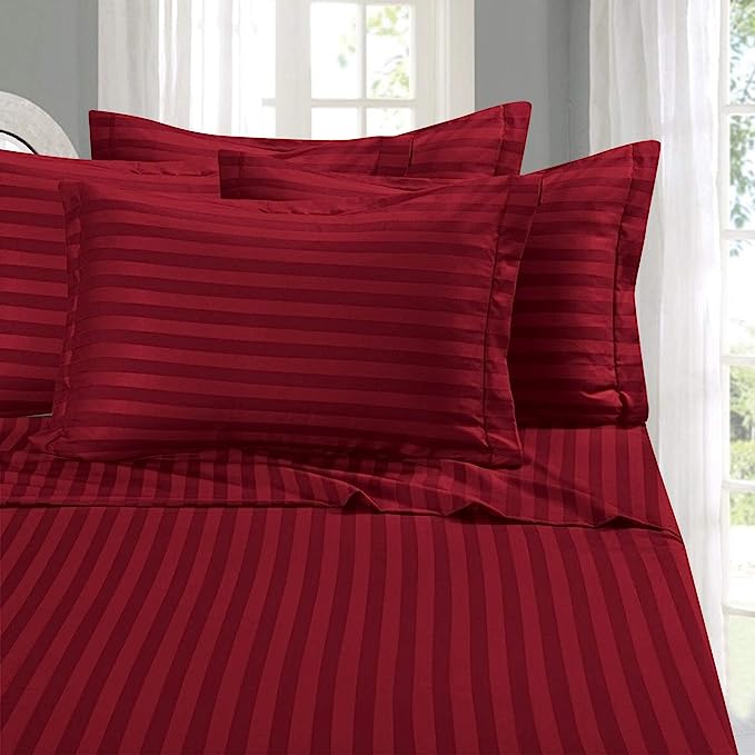 Elegant Comfort Best, Softest, Coziest 6-Piece Sheet Sets! - 1500 Premier Hotel Quality Luxurious Wrinkle Resistant 6-Piece DAMASK STRIPE Bed Sheet Set, King Burgundy - LeafyLoom