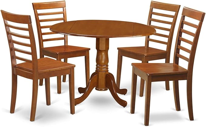 East West Furniture DLML5-SBR-W 5 Piece Kitchen Set Includes a Round Table with Dropleaf and 4 Dining Room Chairs, 42x42 Inch - LeafyLoom