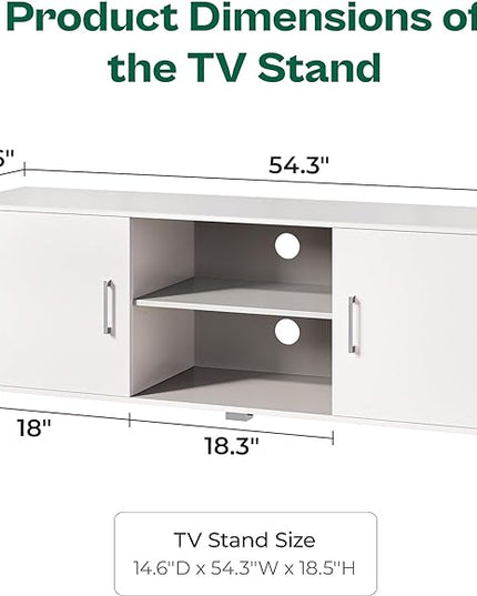 TV Stand for 55 Inch TV, Entertainment Center with Storage, 2 Cabinets, TV Console Media Cabinet with 6 Cable Holes, White TV Stand for Living Room, Bedroom - LeafyLoom