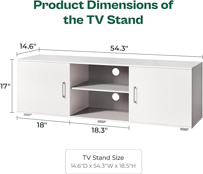TV Stand for 55 Inch TV, Entertainment Center with Storage, 2 Cabinets, TV Console Media Cabinet with 6 Cable Holes, White TV Stand for Living Room, Bedroom - LeafyLoom
