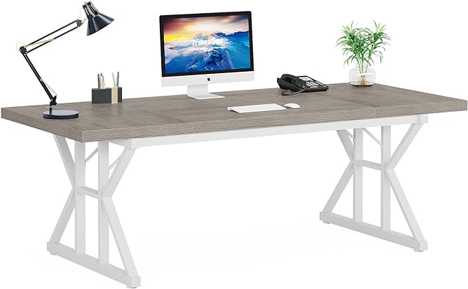 Tribesigns 70.8-Inch Executive Desk, Large Computer Office Desk Workstation, Modern Simple Style Laptop Desk Study Writing Table Business Furniture for Home Office (Grey/White, 70.8 Inch) - LeafyLoom