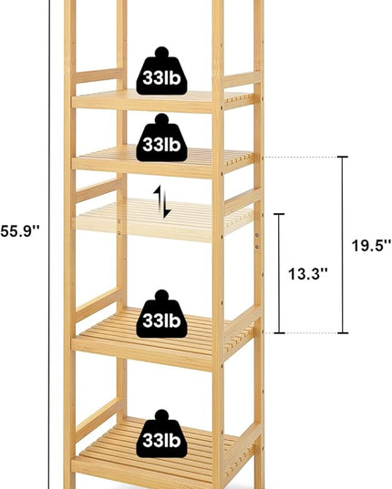 Homykic Bamboo Bookshelf, 5-Tier Narrow 55.9” Adjustable Book Shelf Bookcase Bathroom Shelves Freestanding Storage Stand for Living Room, Bedroom, Kitchen, Rust Resistance, Easy Assembly, Natural - LeafyLoom