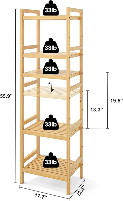 Homykic Bamboo Bookshelf, 5-Tier Narrow 55.9” Adjustable Book Shelf Bookcase Bathroom Shelves Freestanding Storage Stand for Living Room, Bedroom, Kitchen, Rust Resistance, Easy Assembly, Natural - LeafyLoom