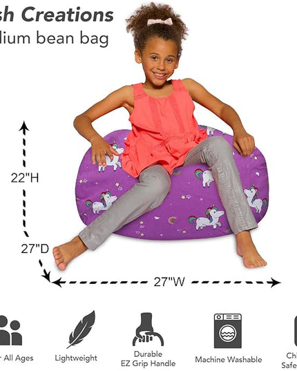 Posh Creations Bean Bag Chair for Kids, Teens, and Adults Includes Removable and Machine Washable Cover, 27in - Medium, Canvas Unicorn and Rainbows on Purple - LeafyLoom