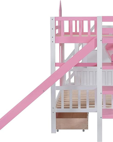 Twin Over Twin Castle Bunk Bed with Slide, Stairs Storage, Drawers and Shelves, Multifunctional Wood Bunkbeds w/Staircase, for Kids/Teens/Boys/Girls Bedroom, Pink - LeafyLoom