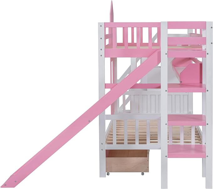 Twin Over Twin Castle Bunk Bed with Slide, Stairs Storage, Drawers and Shelves, Multifunctional Wood Bunkbeds w/Staircase, for Kids/Teens/Boys/Girls Bedroom, Pink - LeafyLoom