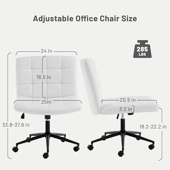 Furniliving Home Office Desk Chair with Wheels,Criss Cross Legged Wide Chair Armless Height Adjustable Chair with Mid Back PU-Padded Swivel Accent Vanity Chairs,IvoryWhite - LeafyLoom