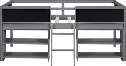 Twin Size Low loft Bed with Movable Shelves for Kids,Kids Low Loft Bed Frame with Guardrail Chalkboard and Storage,Solid Wood Loft Bed Twin for Boys,Girls(Gray) - LeafyLoom