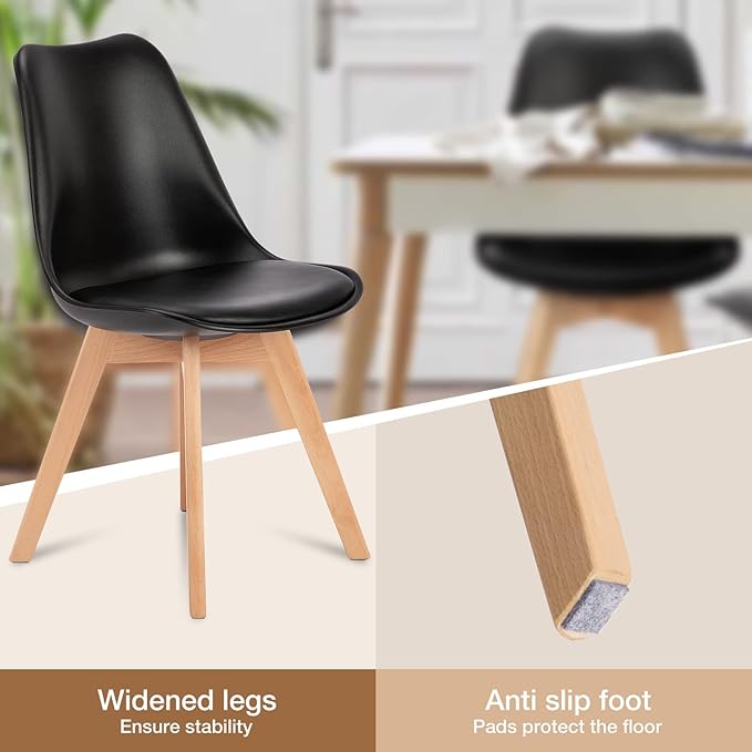 OLIXIS Dining Chairs Set of 4 Mid-Century Modern Dinning Chairs, Living Room Bedroom Outdoor Lounge Chair PU Leather Cushion and Wood Legs, Black - LeafyLoom
